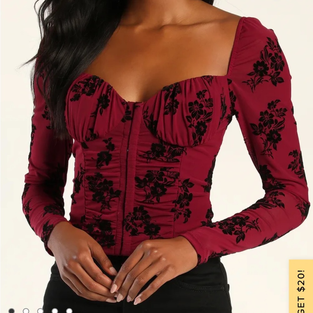 Lulus Attract the Attention Wine Red Mesh Velvet Burnout Bustier Top